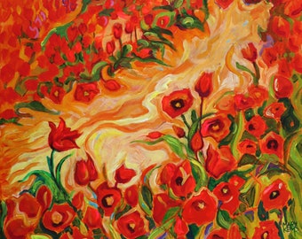 Pintura original roja, camino de tulipanes, pintura acrílica de paisaje impresionista, paisaje floral colorido para la decoración del hogar amante de las flores