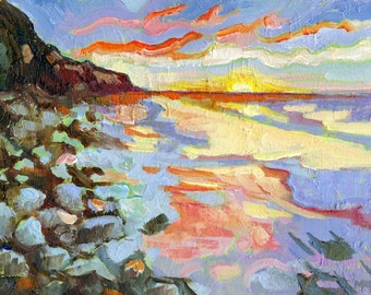 Beach at Sunset, Mini Impressionist Landscape Painting, Original Oil Painting 7 x 5 for Small Space