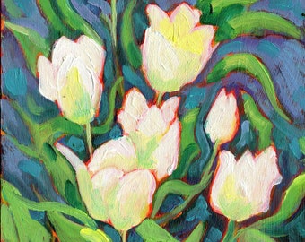 Tulipanes blancos, pintura al óleo impresionista original, arte floral, pintura de jardín impresionista, regalo original para el amante de las flores