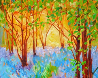 Bluebell Wood, Blue and Yellow Painting, Colourful Impressionist Art, Impressionist Landscape Painting, Original Impressionist Oil Painting