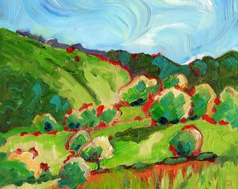 Árboles y colinas verdes, Derbyshire, mini pintura de paisaje impresionista