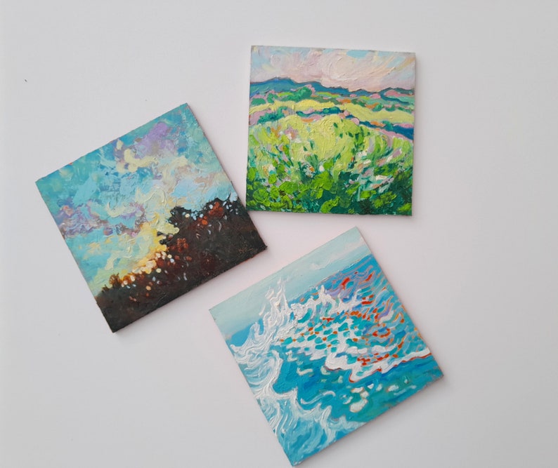 Evening Sky Original Oil Painting, Mini Impressionist Landscape Painting, Impressionist Sky Art, Skyscape for Gallery Wall image 5