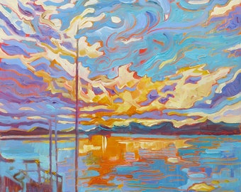 Sunset Painting, Kings Lynn Harbour , Colourful Impressionist Landscape Oil Painting, Original  Sunset Oil Painting for Impressionist Home