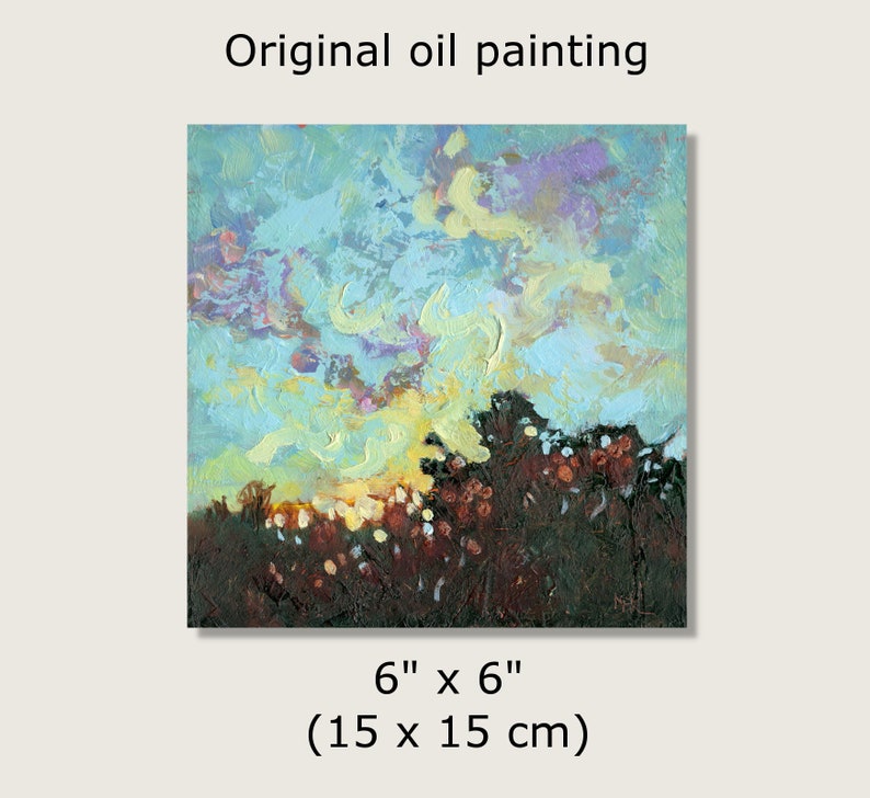 Evening Sky Original Oil Painting, Mini Impressionist Landscape Painting, Impressionist Sky Art, Skyscape for Gallery Wall image 3