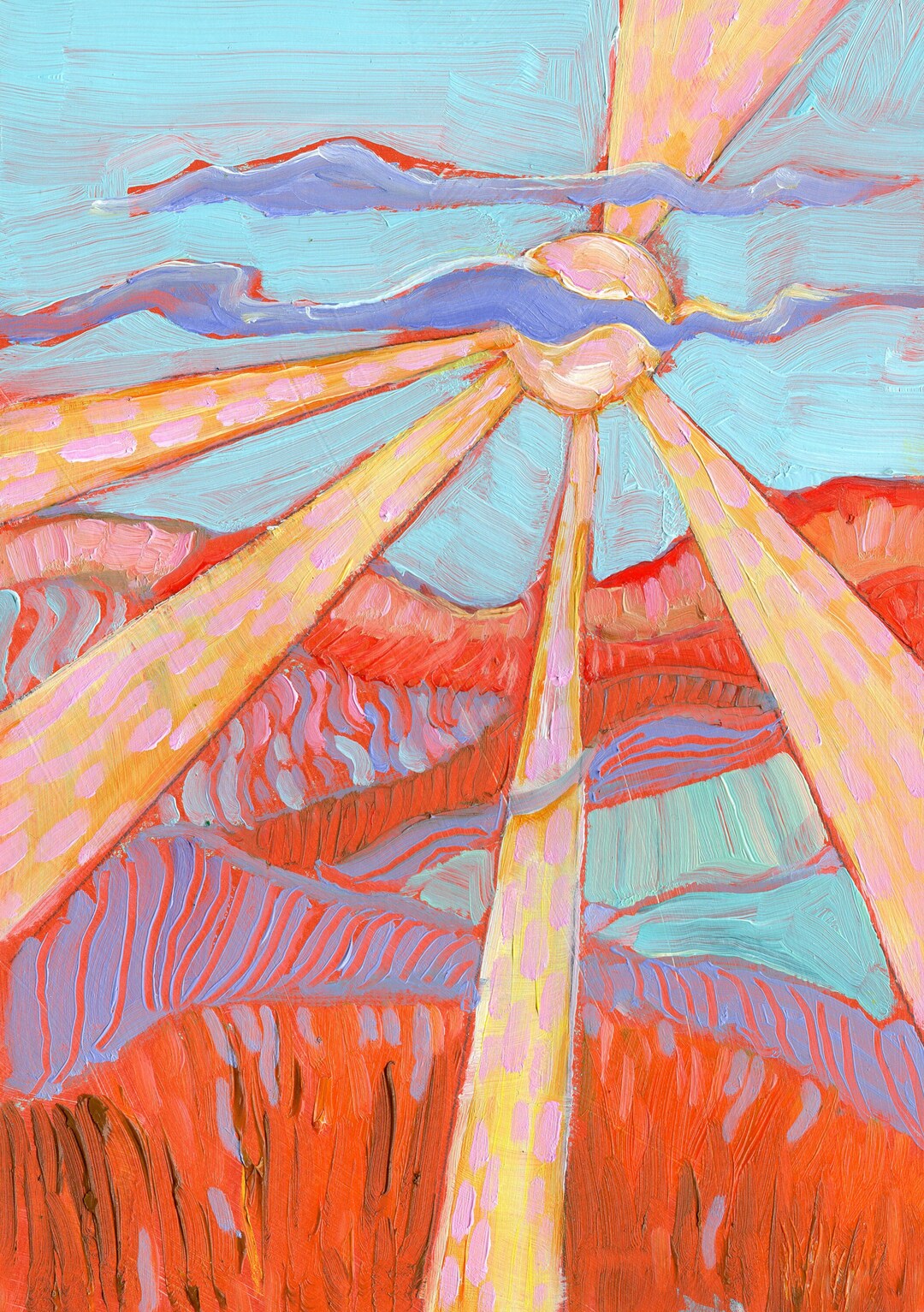 Sunburst Across a Deserted Hillside, Original Abstract Landscape Oil ...