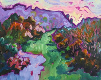 Green Valley , Purple Hills, Modern Impressionist Landscape Oil Painting, Colourful Original Painting of Mountain Landscape for Modern Home