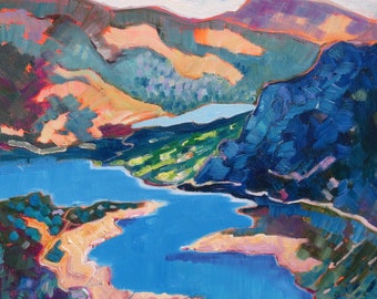 Paisaje de colinas y lagos, pintura de paisaje impresionista, pintura al óleo original azul profundo del distrito de los lagos, lienzo impresionista original