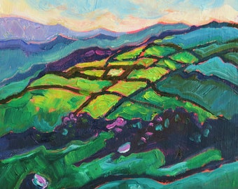 Patchwork Green Hills, pintura al óleo de paisaje impresionista moderno, pequeña pintura original de paisaje de montaña para regalo de Navidad, 6 x 6