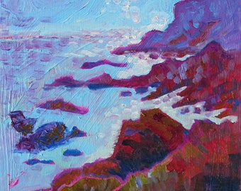 Costa escarpada, pintura al óleo de la Isla de Wight, mini pintura de paisaje costero impresionista, arte impresionista original para regalo amante del arte