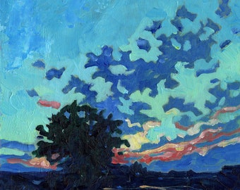 Pintura de cielo azul con silueta de árbol, arte original del cielo nocturno, mini pintura al óleo de paisaje impresionista para la pared de la galería impresionista