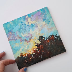 Evening Sky Original Oil Painting, Mini Impressionist Landscape Painting, Impressionist Sky Art, Skyscape for Gallery Wall image 2