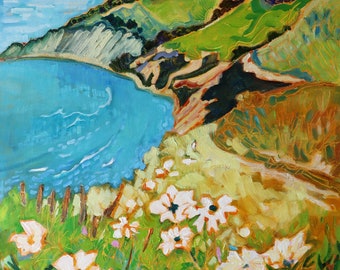 Totland Bay, Isle of Wight, Impressionist Beach Scene, Colourful Art Print, Impressionist Artwork for Beach Loving Home Interior