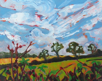 Derbyshire Fields, Original Impressionist Landscape Oil Painting on Board, Framed Ready to Hang