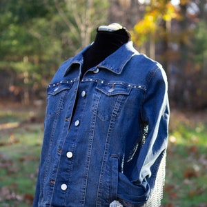 Denim Jacket with Silver Rhinestone Fringe