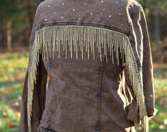 Denim Rhinestone Fringe Jacket