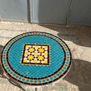 Handmade Moroccan Mosaic Bistro Table: Blue Zellige Tile, Boho Garden Decor