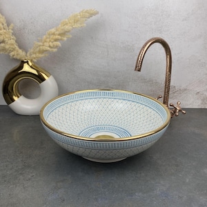 Custom made luxury bathroom sink - clear blue & 14k gold rim washbasin handcrafted