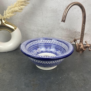 Handcrafted Ceramic Sink: Blue and White Moroccan Washbasin