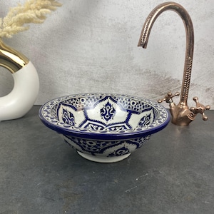 Classic Blue and White Ceramic Sink - Artisan-Crafted with Moroccan Detail