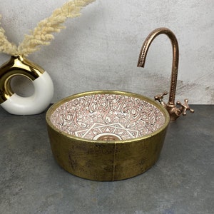 Custom made sink double side gold brass and Pink ceramic - mid century natural modern bathroom washbasin sink