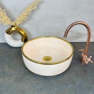 Handmade Moroccan Ceramic Sink: Brushed Pink & White Vanity Basin