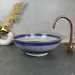 Custom made Luxury 14K gold rim ceramic sink - handmade natural glazed clay