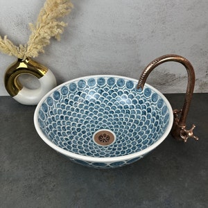 Handmade Moroccan Ceramic Wash Basin: Blue & White Vanity Sink
