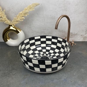 Hand-Painted Checkerboard Ceramic Sink - Moroccan Washbasin