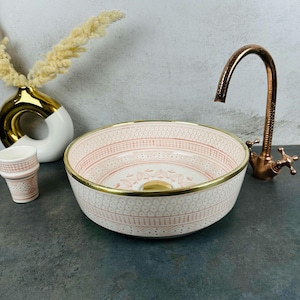 Pink Solid Brass rimmed & Ceramic Sink - Pink handcrafted Modern Moroccan Sink - Mid century Chabka Bathroom sink