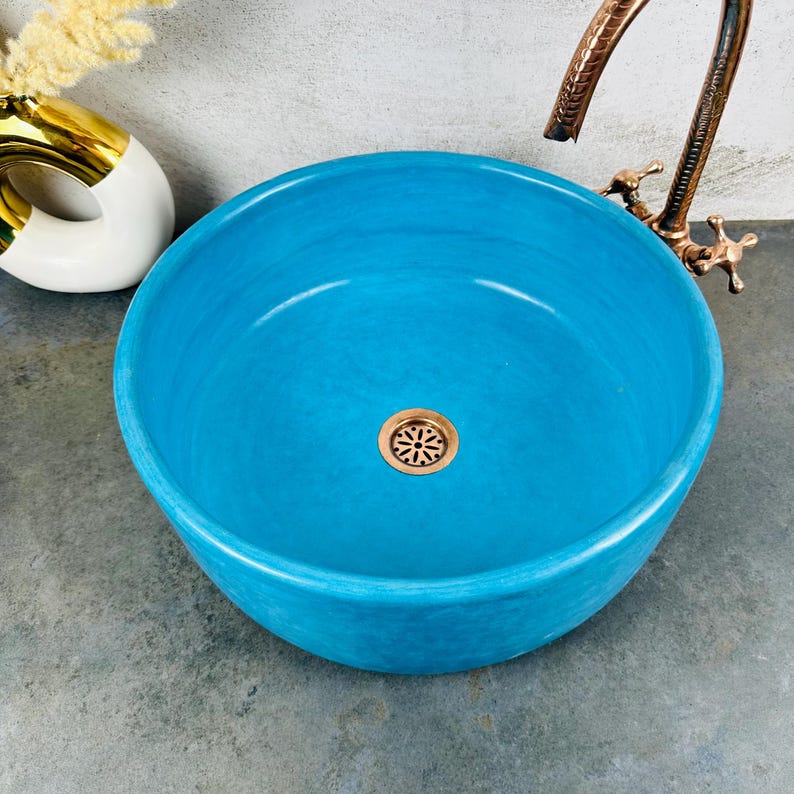 Handmade Moroccan Ceramic Sink in Azure Blue, Vanity Bathroom Sink