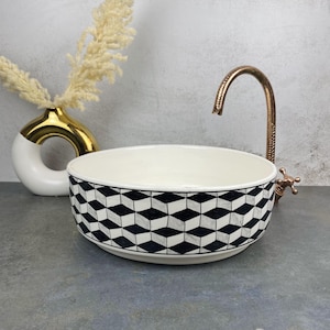 3D Cube ceramic sink - Artisan made bathroom vessel - Black & white basin