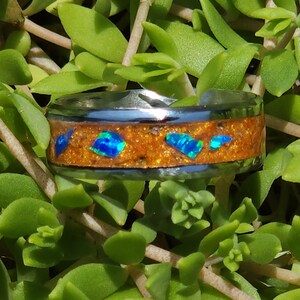 Hand Crafted Gold Glitter Crushed Blue Fire Opal Stainless Steel Ring - Size 11