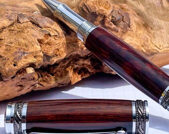 East Indian Rosewood Rollerball Pen With Display Case | Custom Handmade Rollerball Pen | Gunmetal & Chrome Trim | Personalized Pen