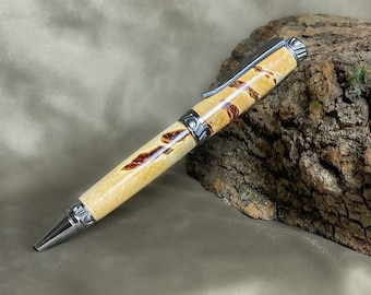 Box Elder Burl Ballpoint Pen | Burl Wood Pen | Two-tone Brushed Satin & Chrome Trim