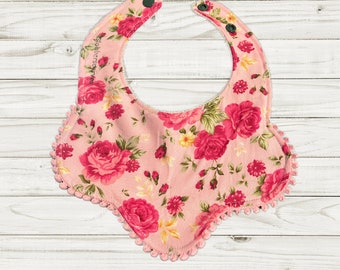 Pink Roses Trimmed Edge Collar Style Baby Bib