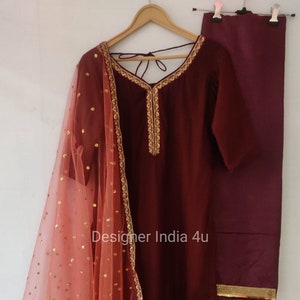 Wine Color Straight Salwar Kameez Readymade Silk Suit Dupatta Custom stitched Punjabi Patiala Indian dresses for girls and women plus size
