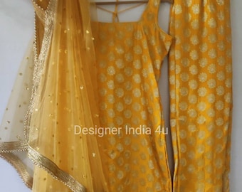 Abito punjabi in seta gialla su misura Kameez con Dupatta in rete