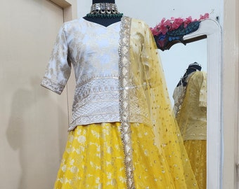 Yellow Lehenga with embroidered long blouse full sleeves Indian Designer wedding dress - Made to measure outfit