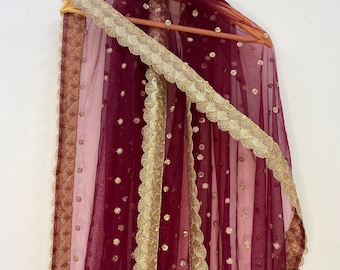 Indian Wedding Dupatta Maroon Net : Gold Embroidered Bridal Wrap
