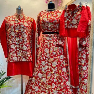 Red embroidered couple combo dress lehenga choli with men’s jacket Indian wedding outfit ready to wear lehnga set- Made to measure outfit