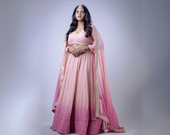 Pink Ombre Lehenga Choli: Indian Wedding Outfit, Custom Made