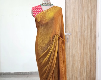Prestitched gold saree blouse for women custom made of organza fabric