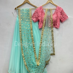 Mint Green Lehenga with Pink Embroidered Blouse and Net Dupatta | Indian Wedding Outfit | Designer Lehenga Choli for Women | Party Wear
