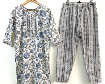 Cotton Floral Kurta with Pant, Women's Ethnic Set, Comfortable Lounge Wear, Summer Outfit