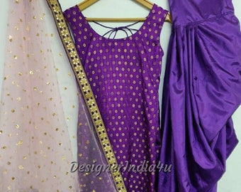 Fioletowy strój salwar kameez punjabi patiala z siateczkową dupattą dla kobiet