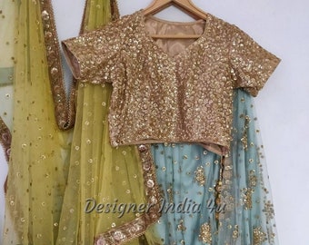 Sage green designer lehenga with gold sequin blouse for Indian wedding dress with heavy dupatta - Made to measure outfit