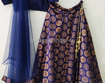 May include: A navy blue skirt with a gold circular pattern, a matching navy blue crop top, and a sheer navy blue dupatta with a gold border.