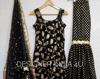 Custom Sharara Salwar Kameez: Gold Foil Georgette Party Outfit