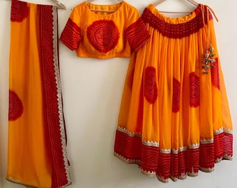 Yellow Bandhani Lehenga Choli Dupatta : Indian Wedding Outfit