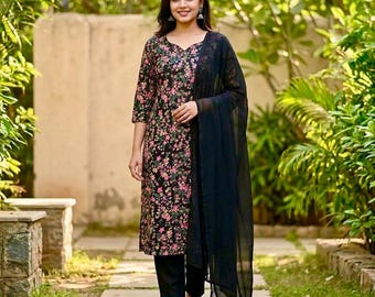 Black Floral Pure Cotton Salwar Kameez Suit with Chiffon Dupatta